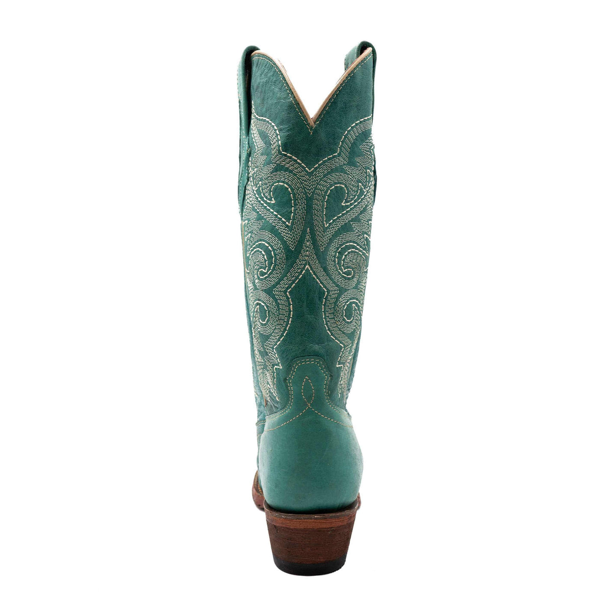Ferrini Mae Leather Boots in turquoise leather with ornate stitched scrollwork, V-shaped shaft trim and brown stacked heel.