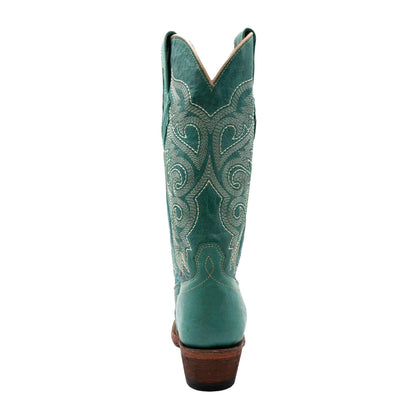 Ferrini Mae Leather Boots in turquoise leather with ornate stitched scrollwork, V-shaped shaft trim and brown stacked heel.