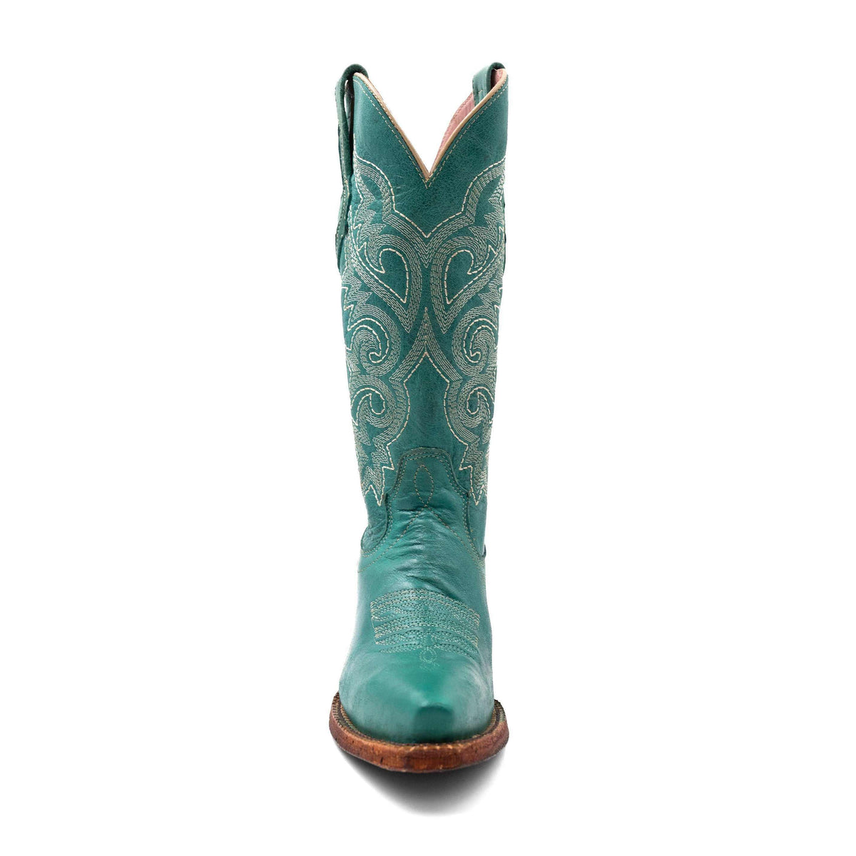 Ferrini Mae Leather Boots in turquoise leather with ornate stitched scrollwork, snip toe and brown sole