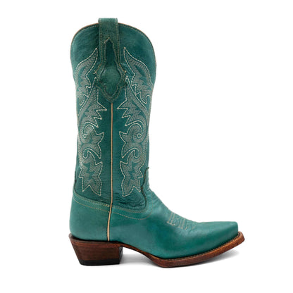 Ferrini Mae Leather Boots in turquoise leather with ornate stitched shaft, snip toe and stacked brown heel