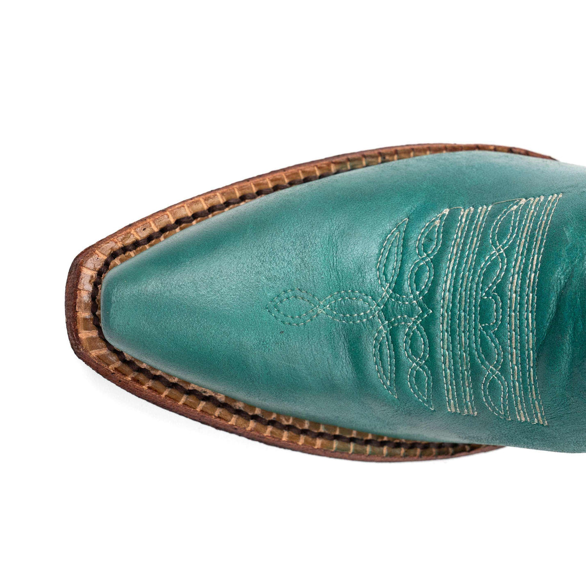 Ferrini Mae Leather Boots with a turquoise leather snip toe, decorative stitched pattern and contrasting brown sole edge