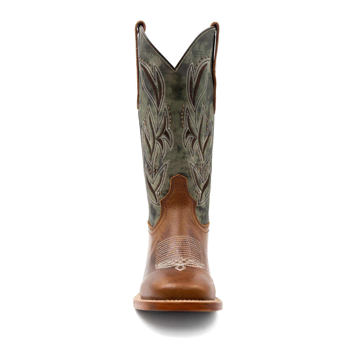 Ferrini Maggie Leather Boots, brown leather Western boots with dark green embroidered shafts, square toe and decorative stitching.