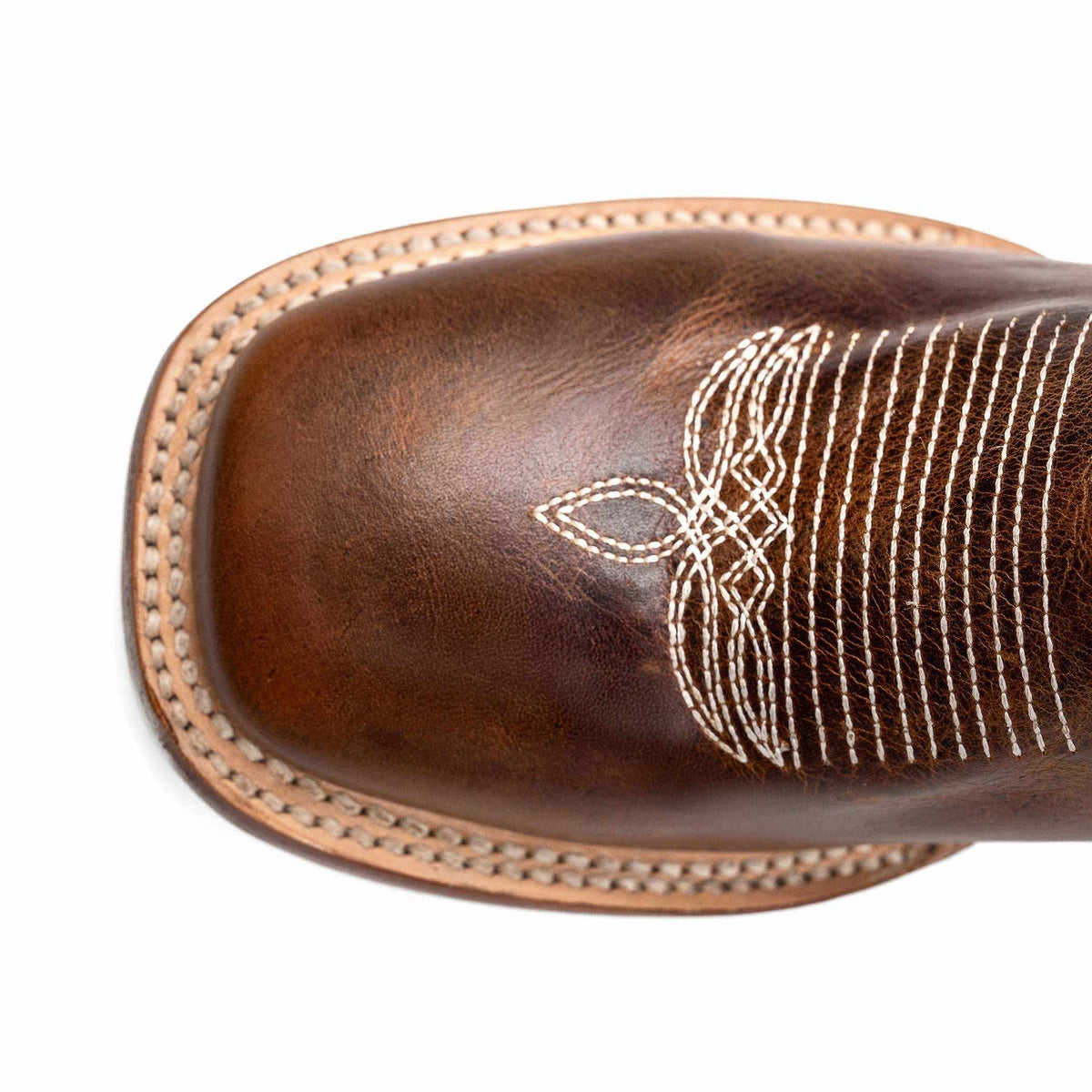 Ferrini Maggie Leather Boots in brown full-grain leather, featuring a square toe, cream stitching and decorative embroidery