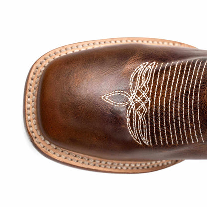 Ferrini Maggie Leather Boots in brown full-grain leather, featuring a square toe, cream stitching and decorative embroidery