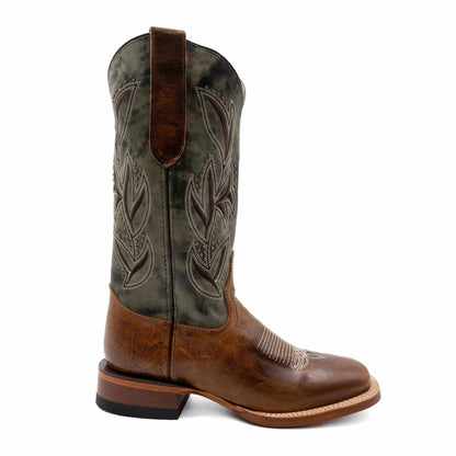 Ferrini Maggie Leather Boots in brown leather with dark olive shafts, ornate stitched patterns, square toes and block heels