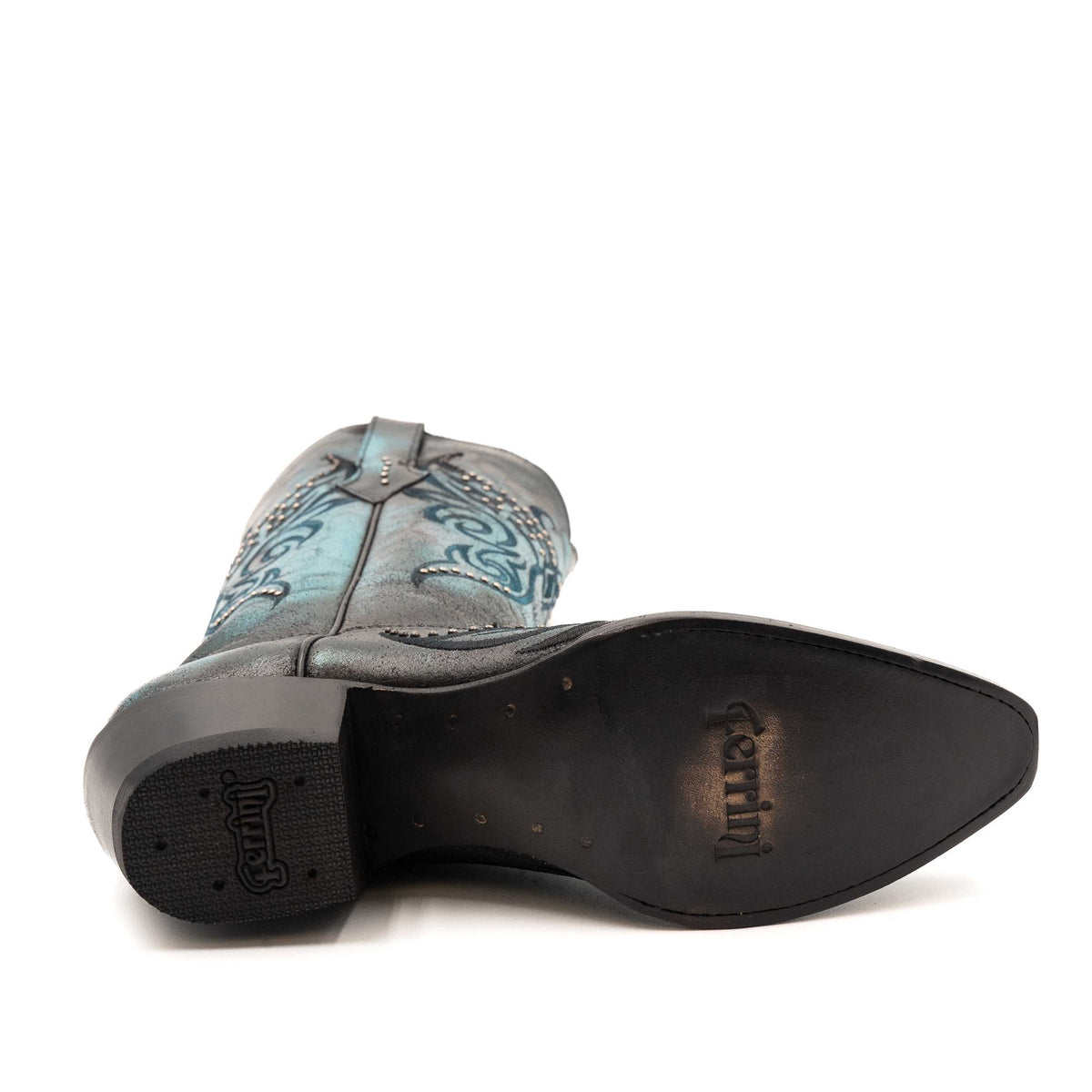 Ferrini Masquerade Leather Boots with a black leather outsole and heel, showing a pointed snip toe and patterned blue shaft