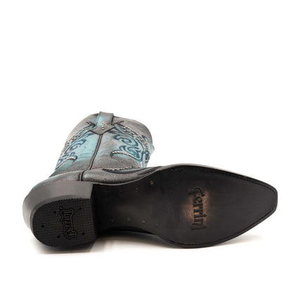 Ferrini Masquerade Leather Boots with a black leather outsole and heel, showing a pointed snip toe and patterned blue shaft