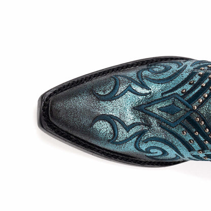 Ferrini Masquerade Leather Boots with a metallic blue leather snip toe, featuring dark embroidered scrollwork and stud accents