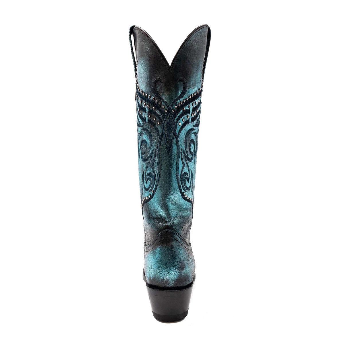 Ferrini Masquerade Leather Boots in blue leather with ornate dark stitching, studded details, and tall decorative shaft