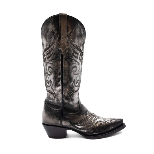 Ferrini Masquerade Leather Boots in dark silver leather with black swirling embroidery, stud accents and a snip toe