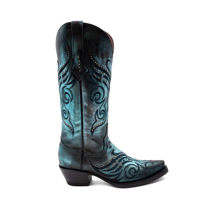 Ferrini Masquerade Leather Boots in mottled teal-blue leather with black scrollwork, studded accents, and a snip toe