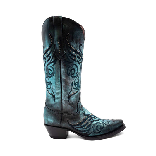 Ferrini Masquerade Leather Boots in mottled teal-blue leather with black scrollwork, studded accents, and a snip toe