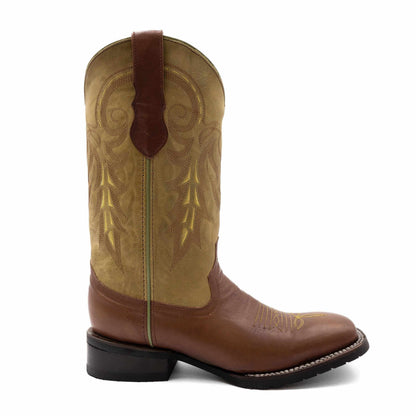 Ferrini Maverick Leather Boots in almond brown leather, with a tan embroidered shaft, square toe and dark block heel