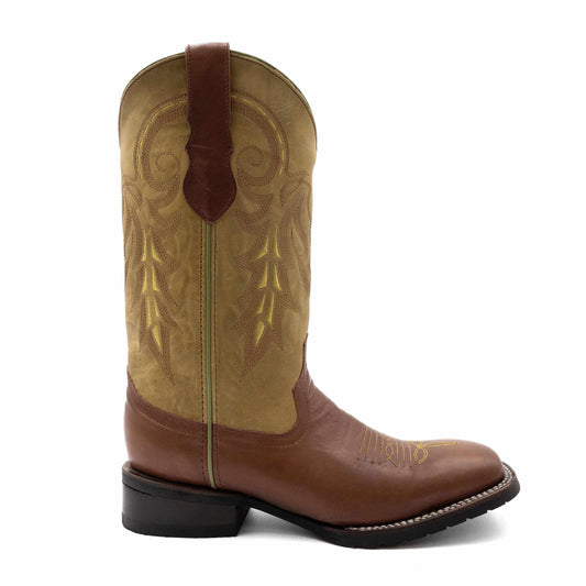 Ferrini Maverick Leather Boots in almond brown leather, with a tan embroidered shaft, square toe and dark block heel