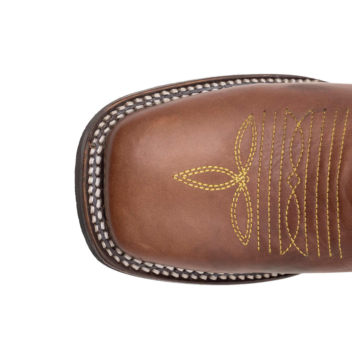 Ferrini Maverick Leather Boots in almond full-grain leather with a square toe, yellow stitching, and braided edge trim