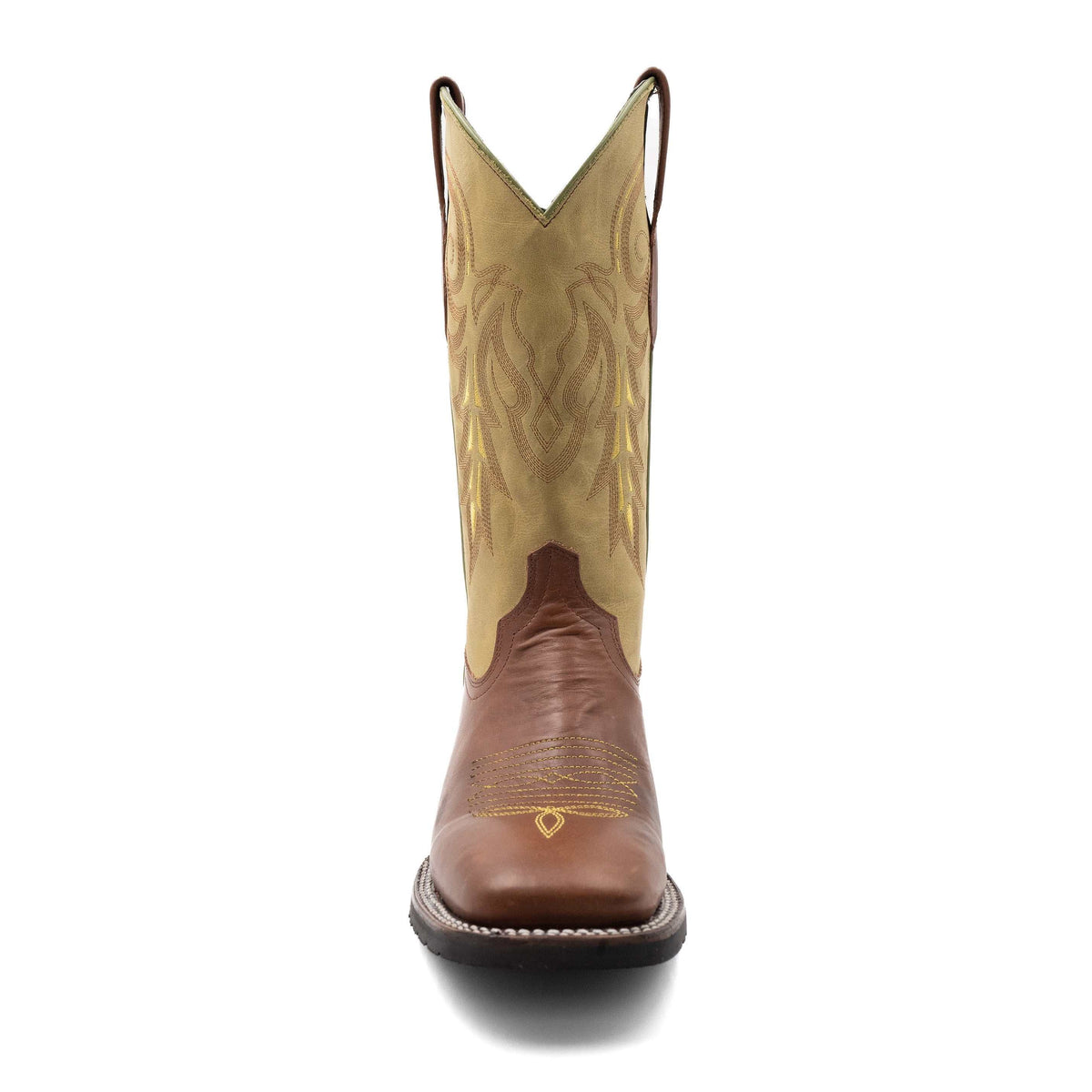 Ferrini Maverick Leather Boots with a brown leather square toe, tan shaft, and stitched decorative western patterns