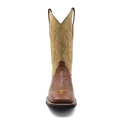 Ferrini Maverick Leather Boots with a brown leather square toe, tan shaft, and stitched decorative western patterns