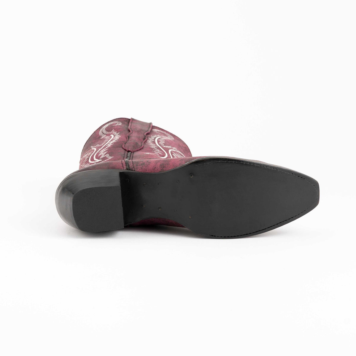 Ferrini Molly Leather Booties with a black leather sole and burgundy-purple shaft featuring white stitched western patterns