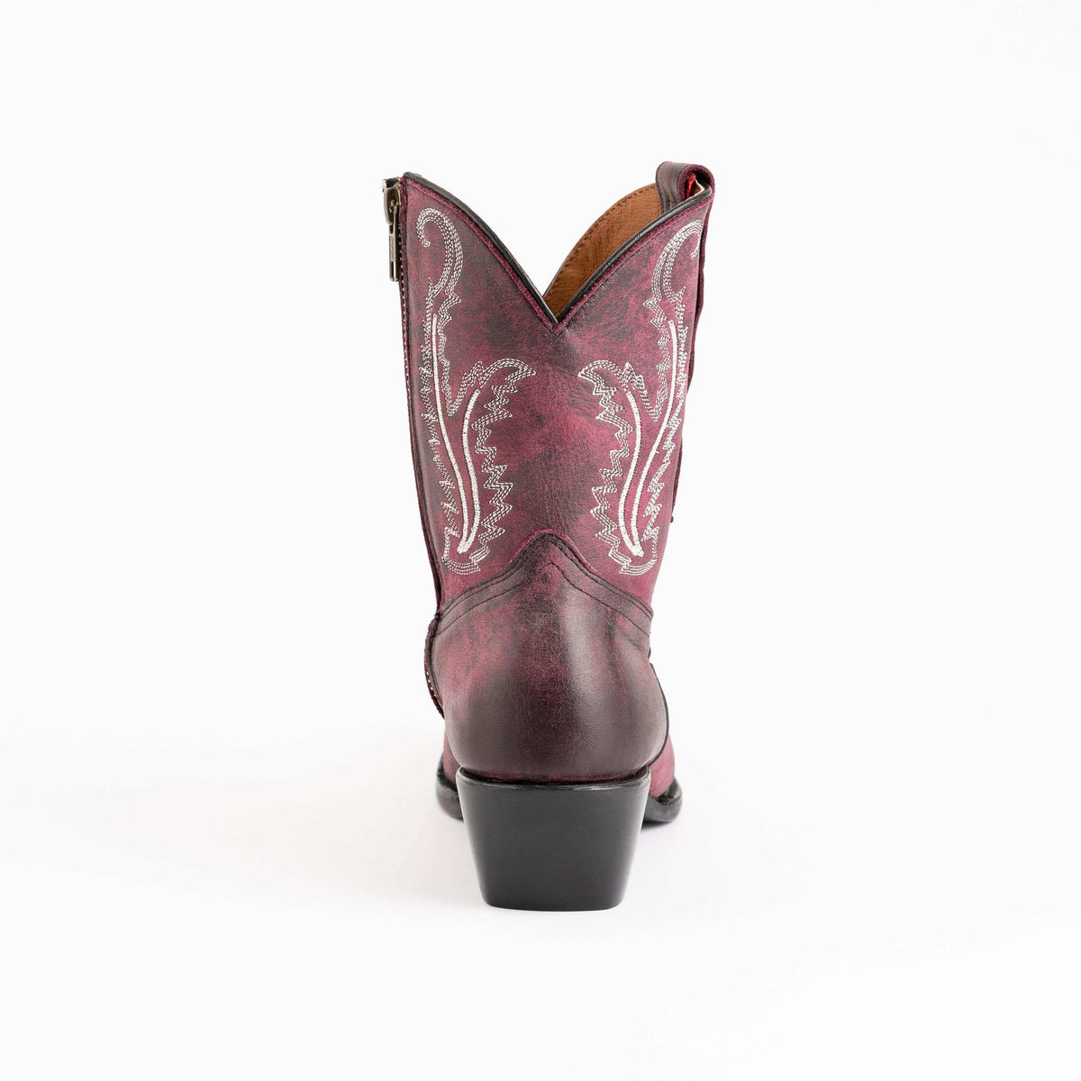Ferrini Molly Leather Booties in burgundy-purple leather with white embroidered Western stitching and a chunky black heel