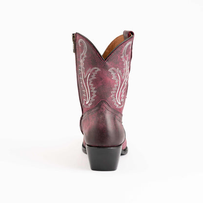 Ferrini Molly Leather Booties in burgundy-purple leather with white embroidered Western stitching and a chunky black heel