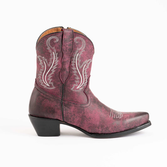 Ferrini Molly Leather Booties in distressed magenta leather with cream embroidered scrollwork, pointed toe and low black heel
