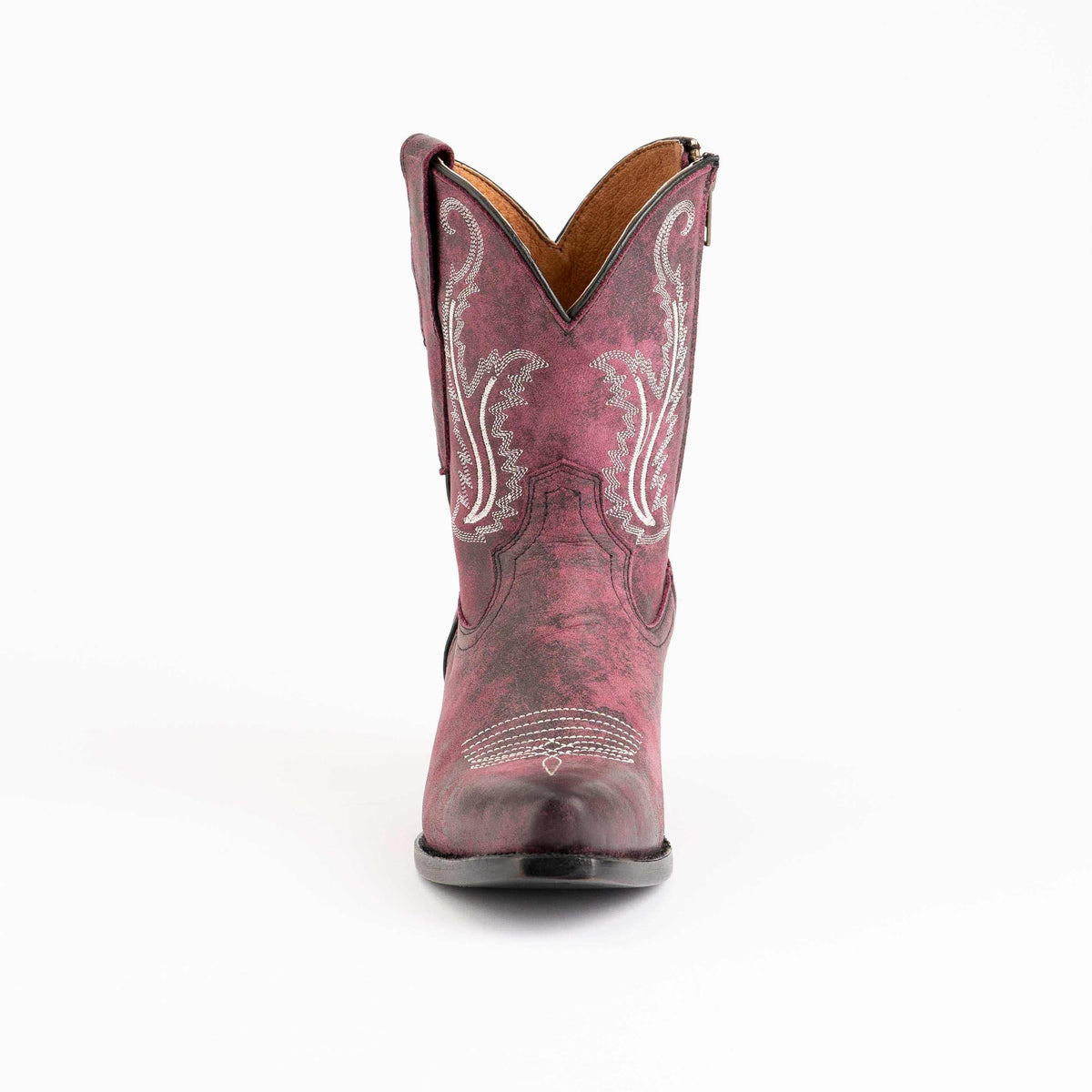 Ferrini Molly Leather Booties in distressed purple leather with ornate white stitching, a round toe and western pull-on shaft.
