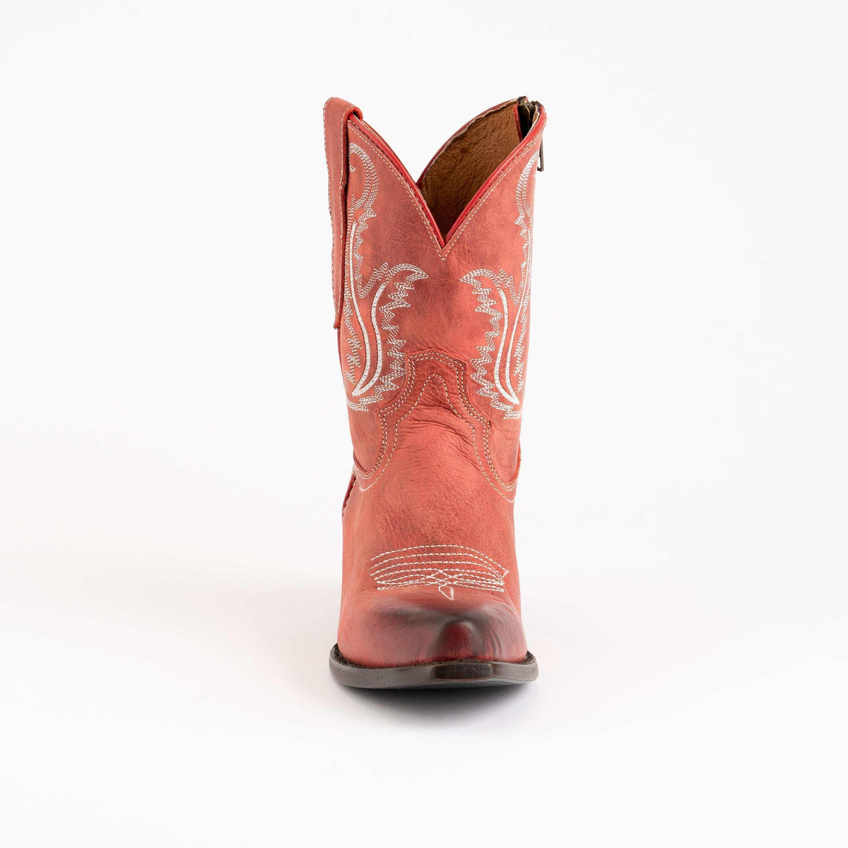 Ferrini Molly Leather Booties are red leather cowboy boots with white embroidered shaft details, a V-cut topline and rounded toe