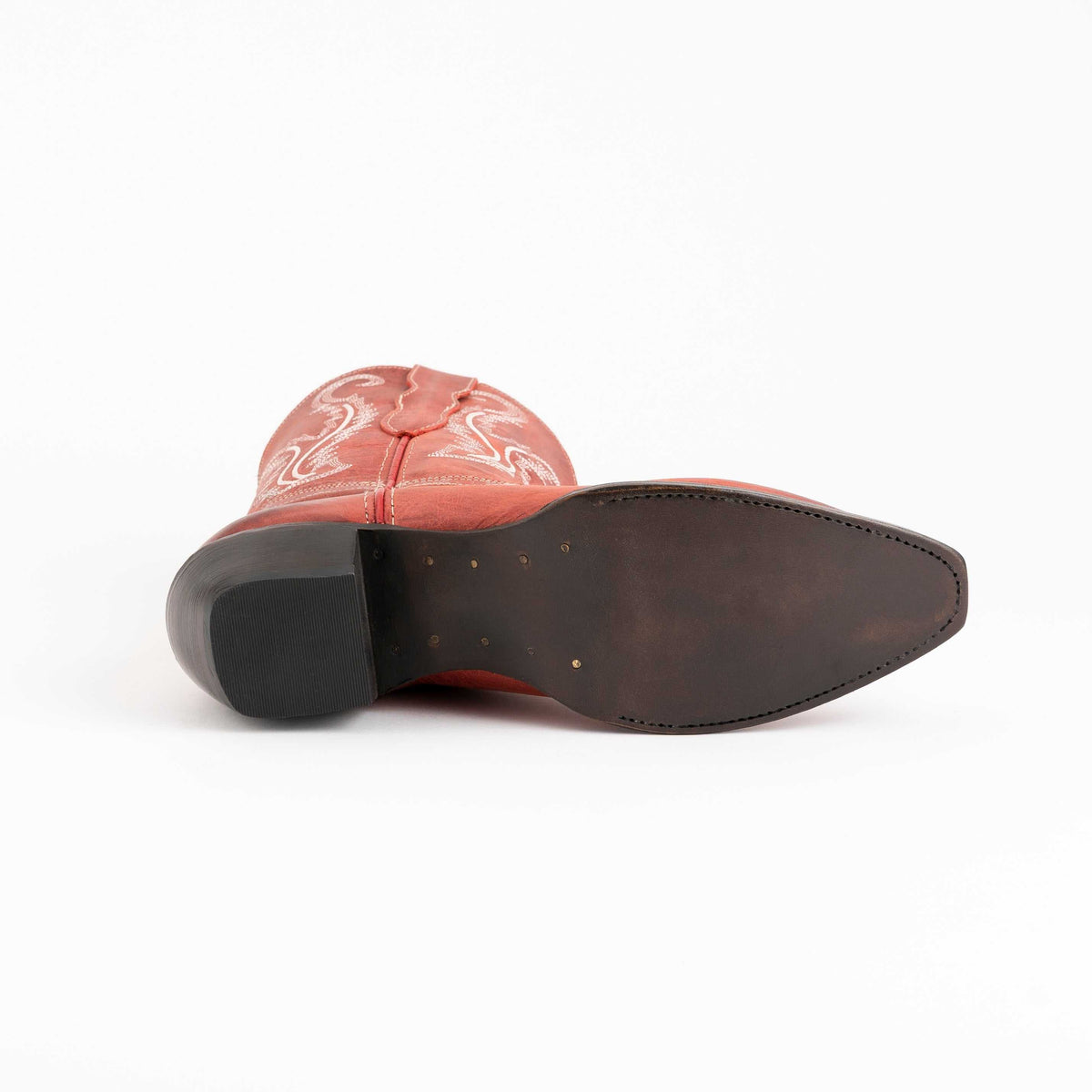 Ferrini Molly Leather Booties in red leather with white stitched shaft and dark leather sole, viewed from beneath