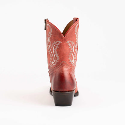 Ferrini Molly Leather Booties in red leather with cream decorative stitching, pointed V-shaped shafts and dark block heels.