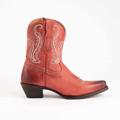 Ferrini Molly Leather Booties in red leather with white stitched floral details, pointed toes and low stacked heels