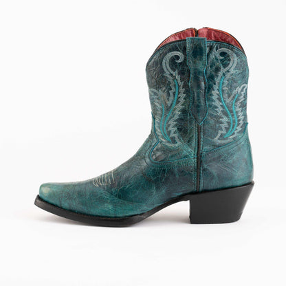 Ferrini Molly Leather Booties in distressed teal leather with ornate stitched patterns, a red top edge and black heel