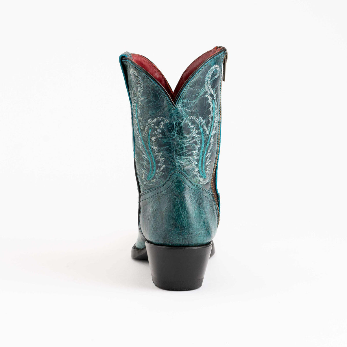 Ferrini Molly Leather Booties in teal leather with decorative stitching, V-shaped shaft tops and a low black heel