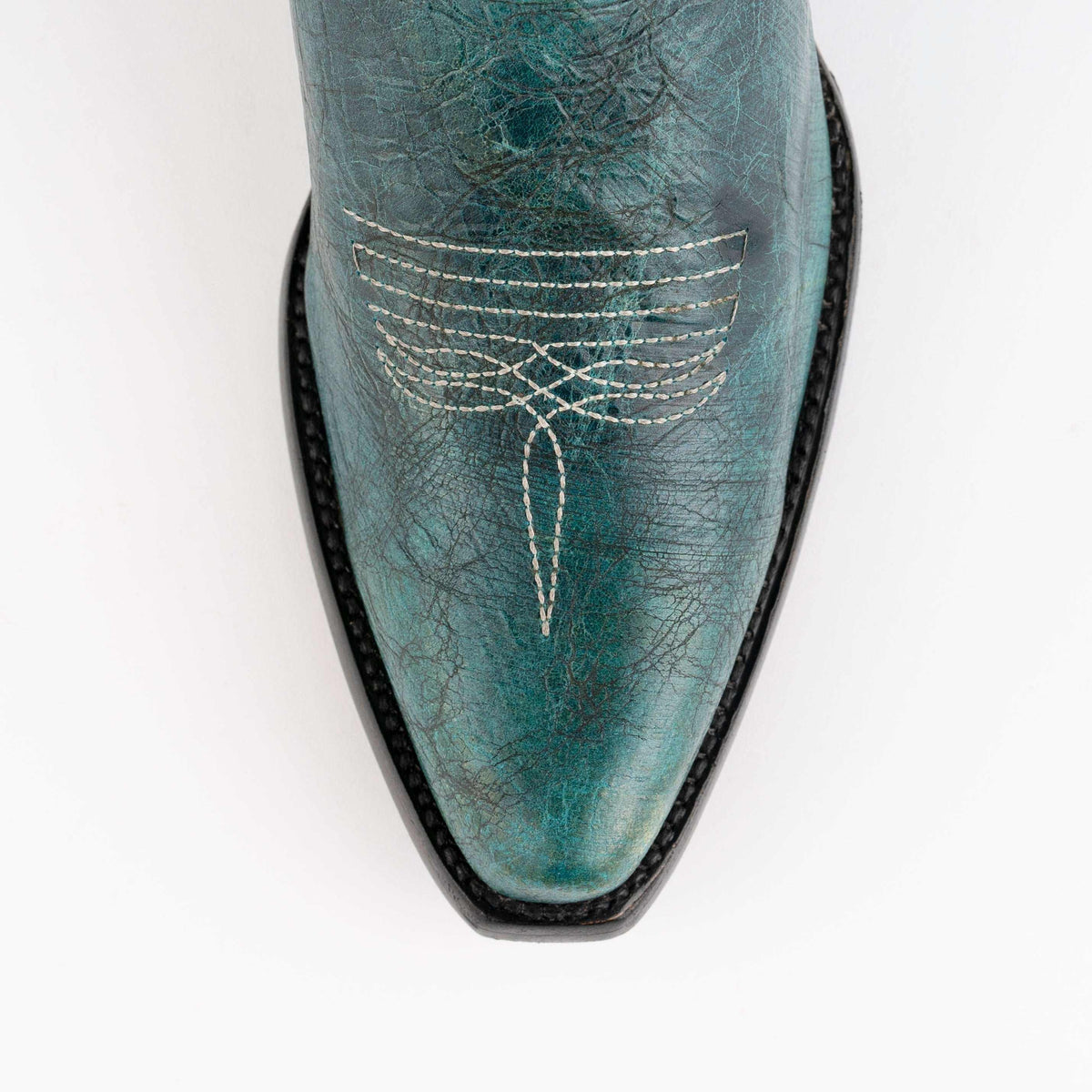 Ferrini Molly Leather Booties in teal textured leather, featuring a pointed toe and white stitched vamp detail
