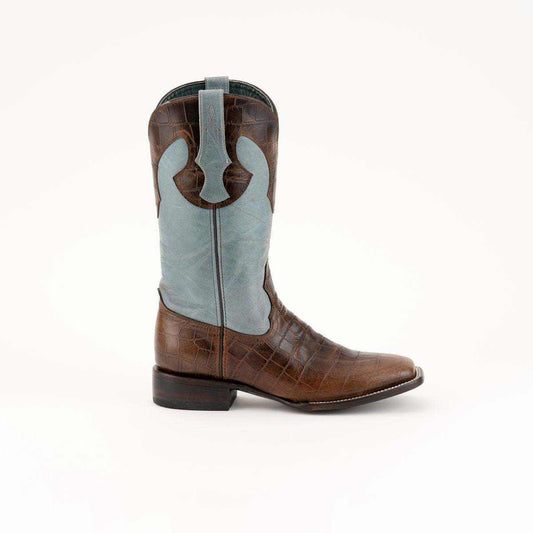 Ferrini Mustang Alligator Belly Print Boots in brown with a textured vamp, light blue shaft, embroidered overlays and square toe