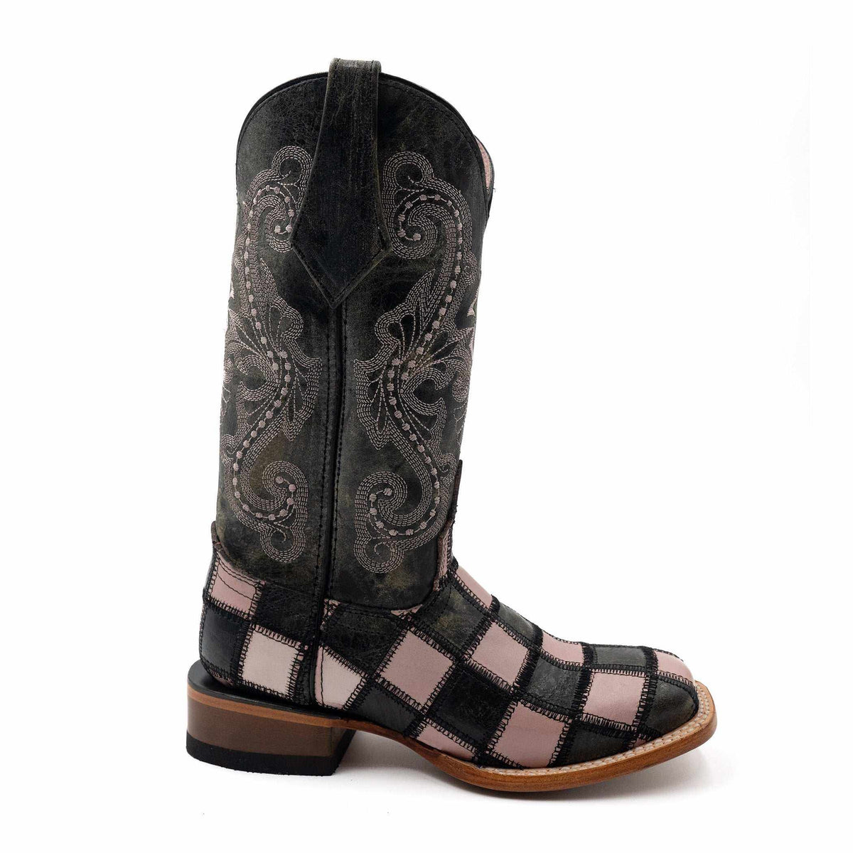 Ferrini Patchwork Leather Boots in black and pink leather, featuring square toe, quilted checks and stitched floral shafts