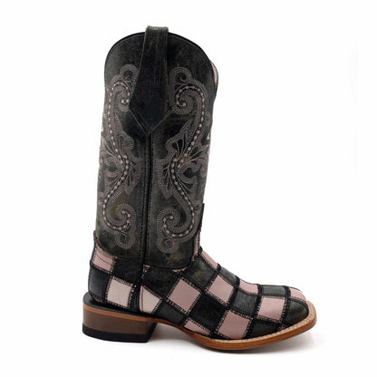 Ferrini Patchwork Leather Boots in black and pink leather, featuring square toe, quilted checks and stitched floral shafts