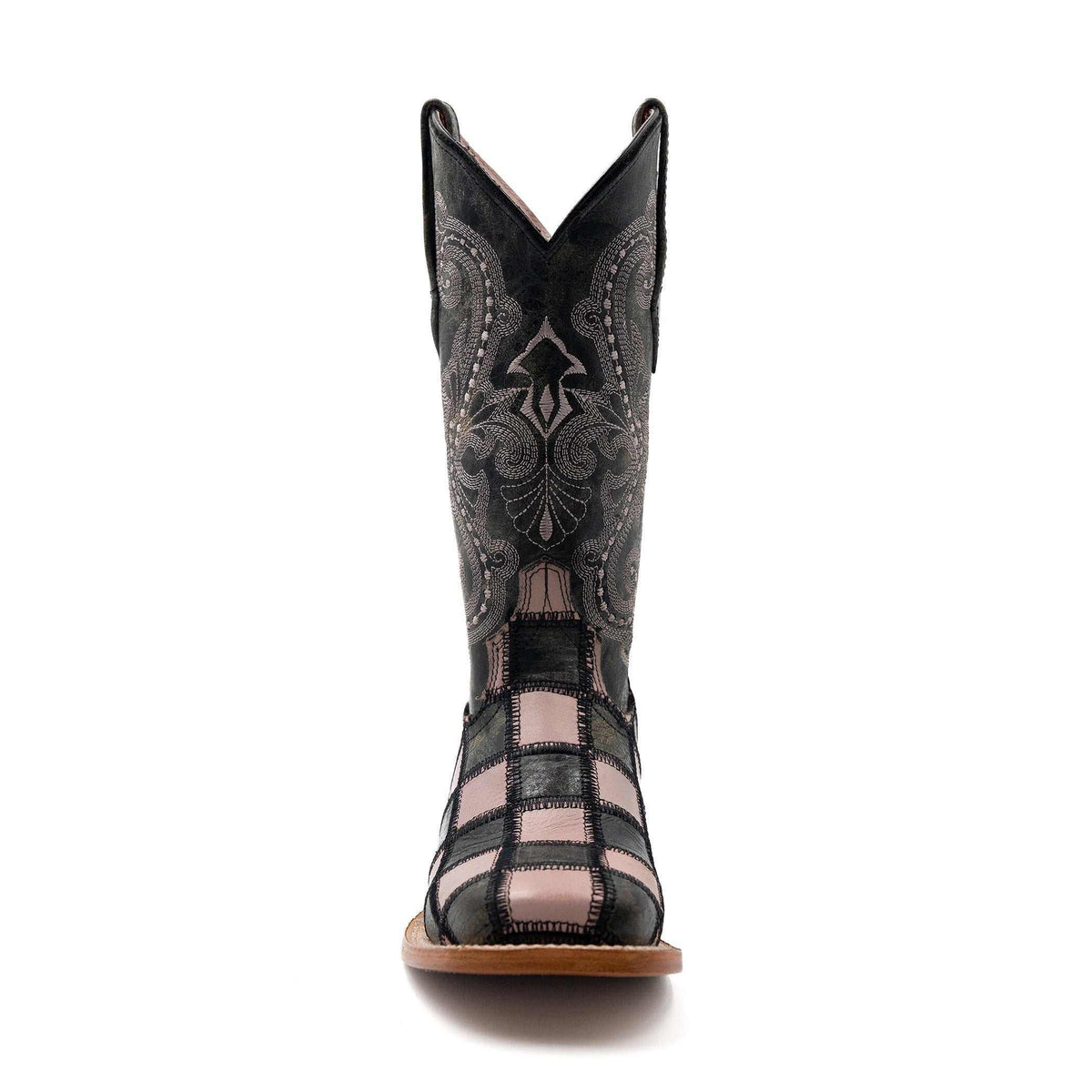 Ferrini Patchwork Leather Boots in black leather with pink square patchwork, ornate stitching and a pointed shaft