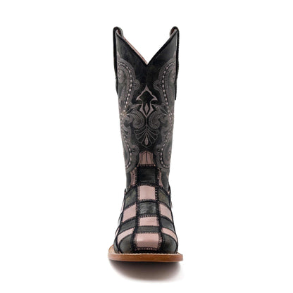 Ferrini Patchwork Leather Boots in black leather with pink square patchwork, ornate stitching and a pointed shaft