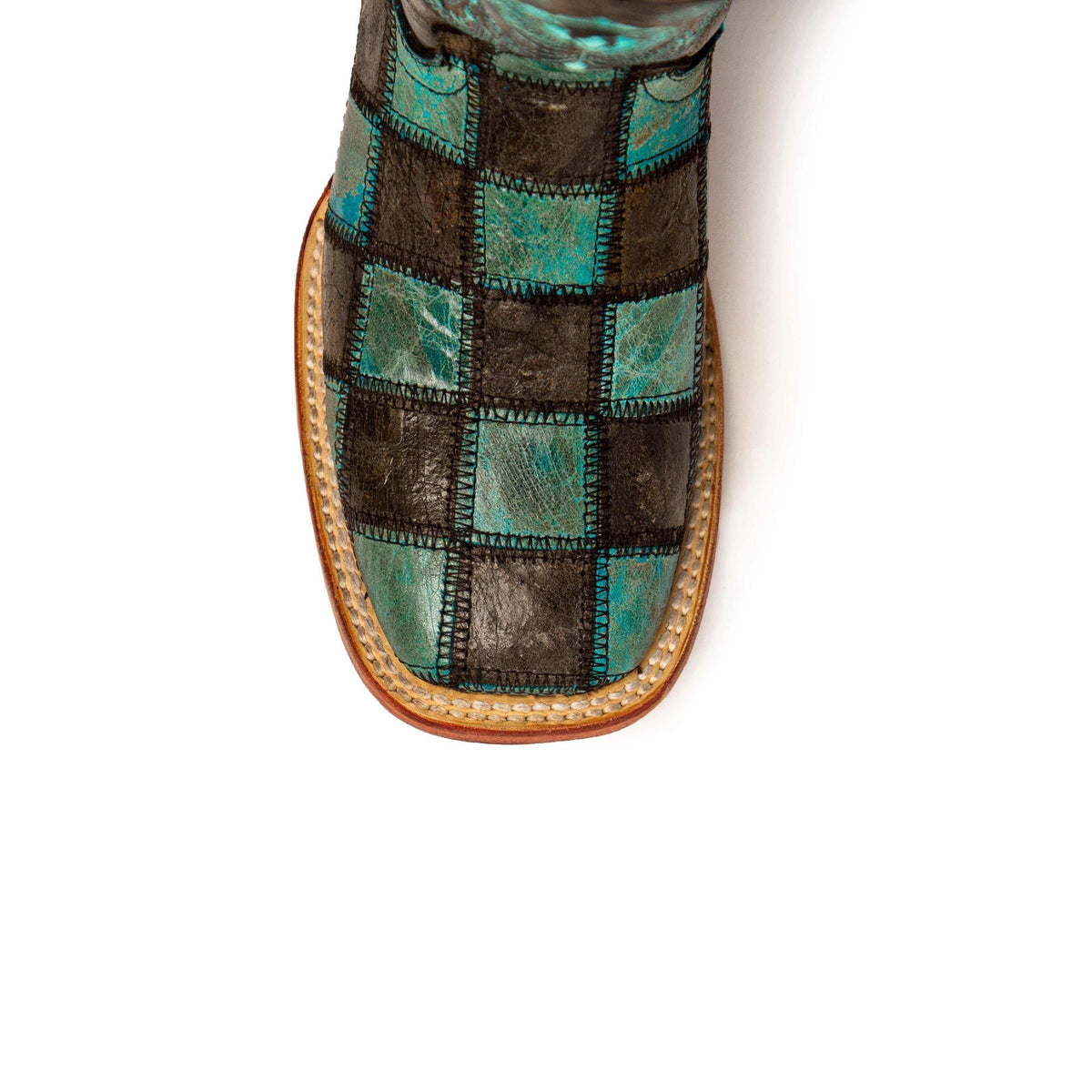 Ferrini Patchwork Leather Boots with black and teal stitched leather squares, a square toe and tan outsole