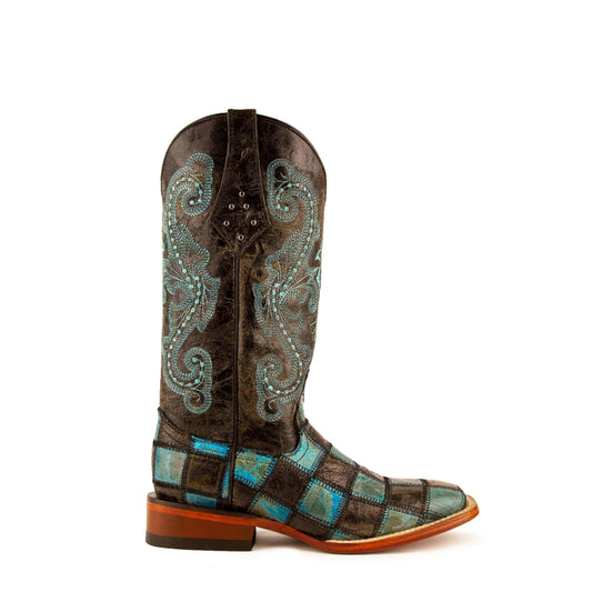 Ferrini Patchwork Leather Boots in dark brown leather with teal embroidered scrollwork, plaid panels and a square toe