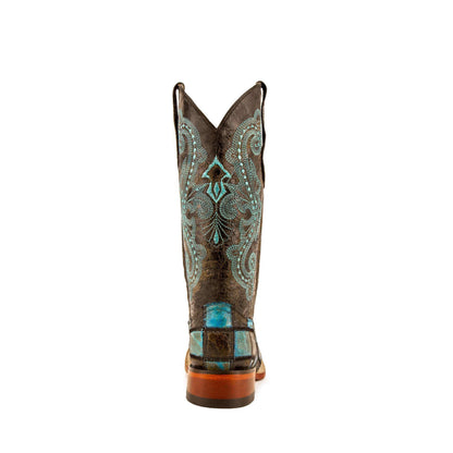 Ferrini Patchwork Leather Boots in brown leather with teal paisley embroidery and patchwork accents, tall shaft and stacked heel