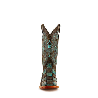Ferrini Patchwork Leather Boots in brown and teal leather, featuring ornate stitching and geometric patchwork panels