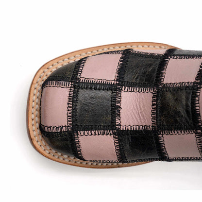 Ferrini Patchwork Leather Boots with pink and black leather checkerboard panels, visible whipstitching and square toe