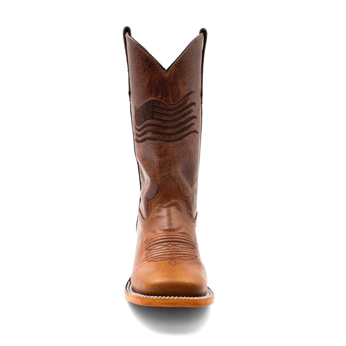 Ferrini Patriot Leather Boots in brown leather with dark flag stitching on the shaft and decorative vamp stitching