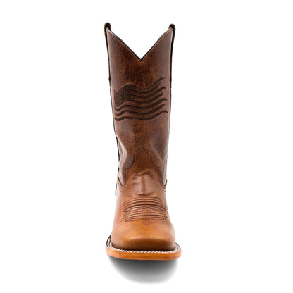 Ferrini Patriot Leather Boots in brown leather with dark flag stitching on the shaft and decorative vamp stitching