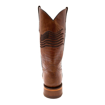 Ferrini Patriot Leather Boots in brown leather with a dark embroidered American flag and pointed cowboy shaft