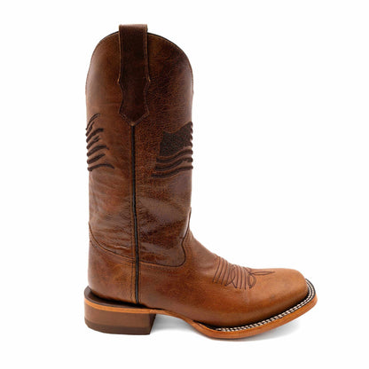 Ferrini Patriot Leather Boots in honey-brown leather with stitched shaft detailing and a square toe