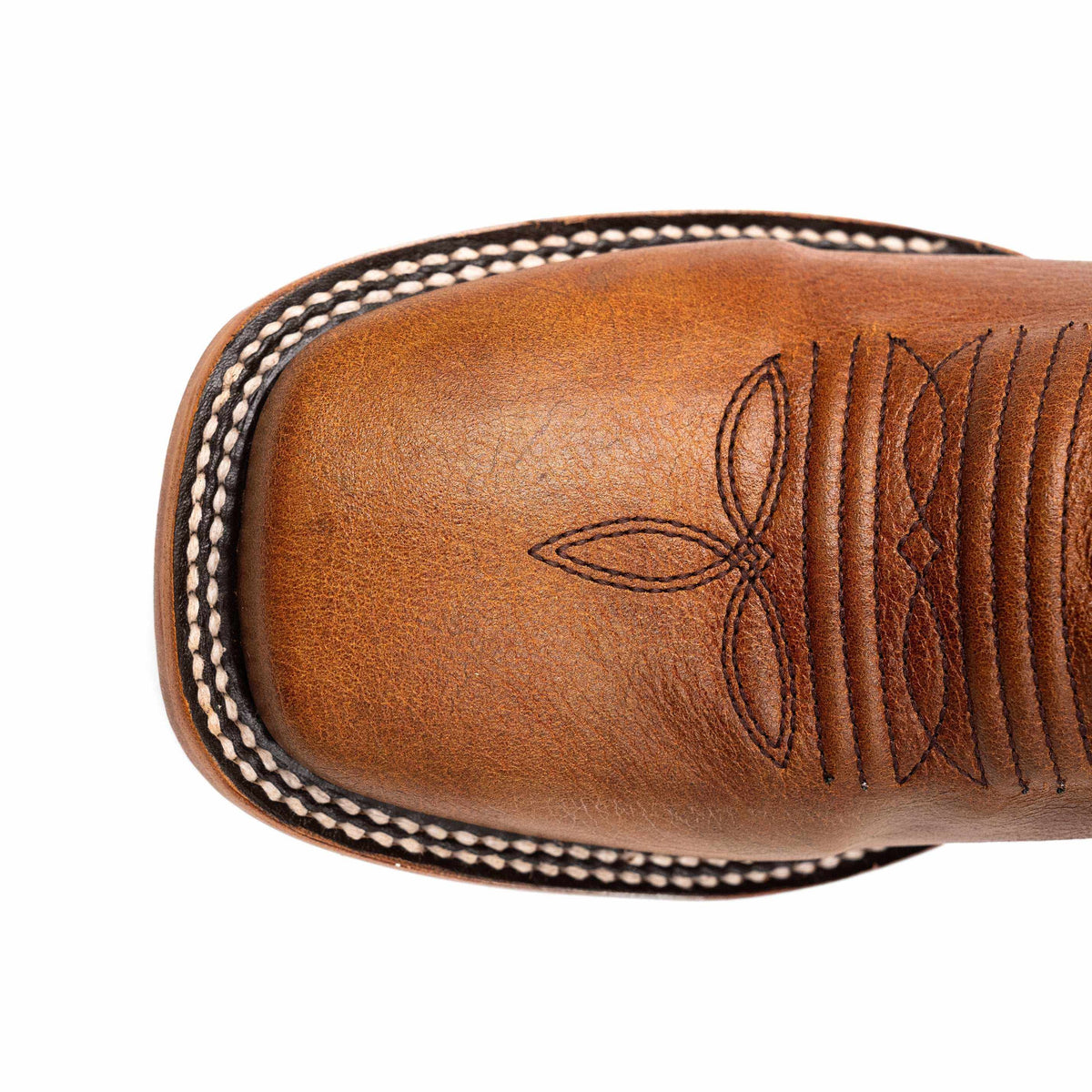 Ferrini Patriot Leather Boots with a honey-brown leather square toe, decorative stitching and contrasting black-and-white welt stitching