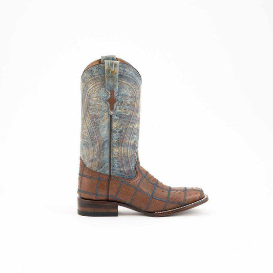 Ferrini Pinto Ostrich Boots in brown Kango leather with blue stitched geometric panels and an ostrich-print shaft