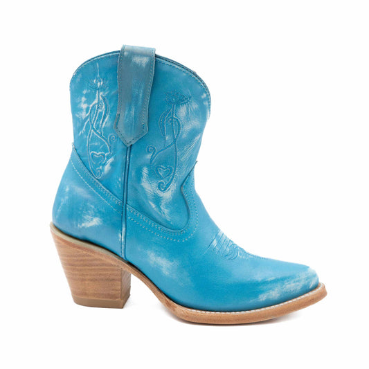 Ferrini Pixie Leather Boots in turquoise leather with floral stitching, pull tab, rounded J-toe and stacked cowboy heel